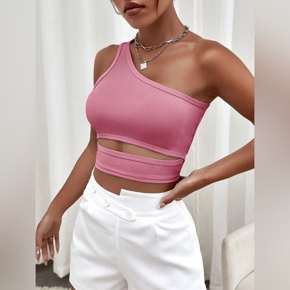 SHEIN ICON Letter Graphic One Shoulder Cut Out Crop Top - Picture 1 of 5